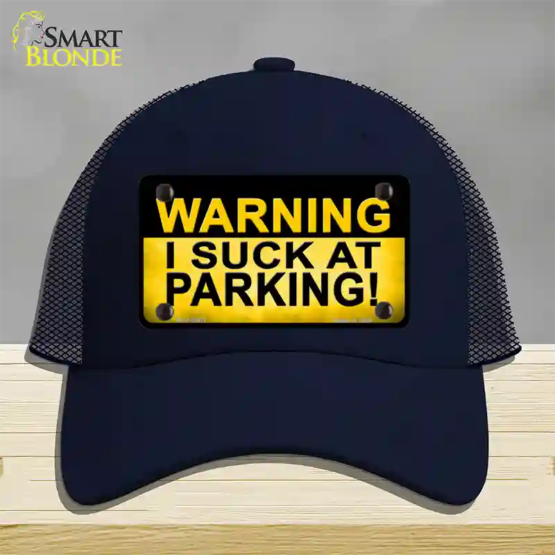 Warning Suck At Parking Novelty License Plate Hat Mesh / Navy