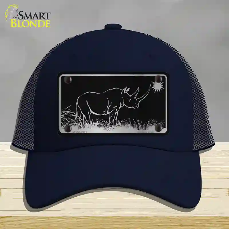 Rhino Black Brushed Chrome Novelty License Plate Hat Mesh / Navy