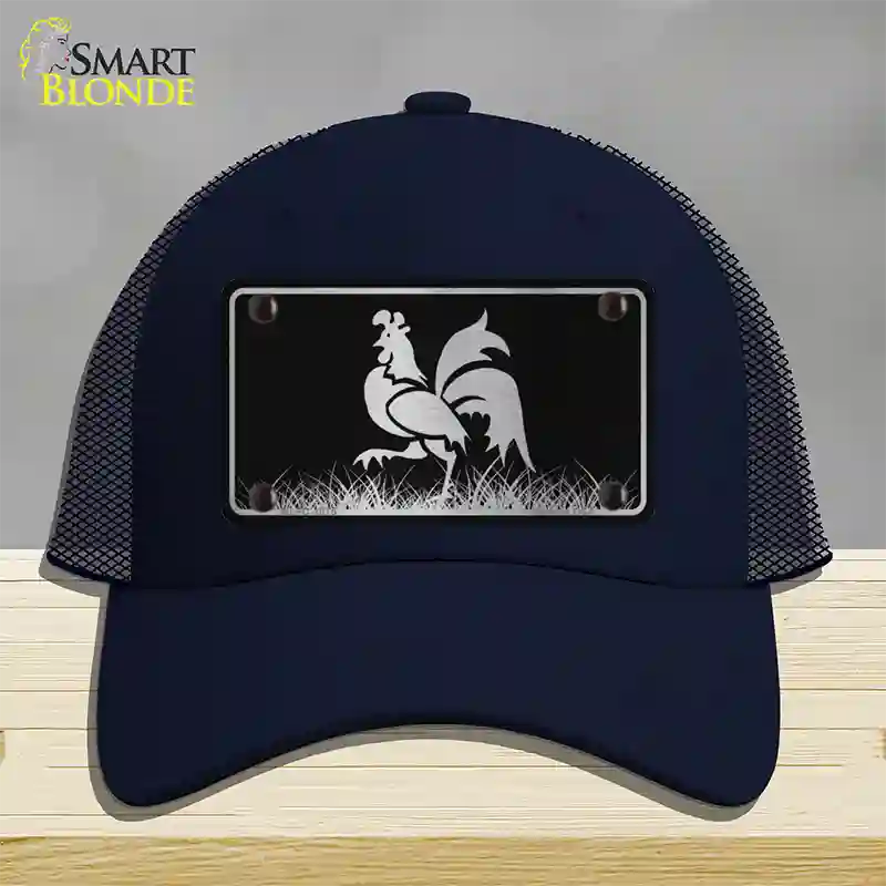 Rooster Black Brushed Chrome Novelty License Plate Hat Mesh / Navy