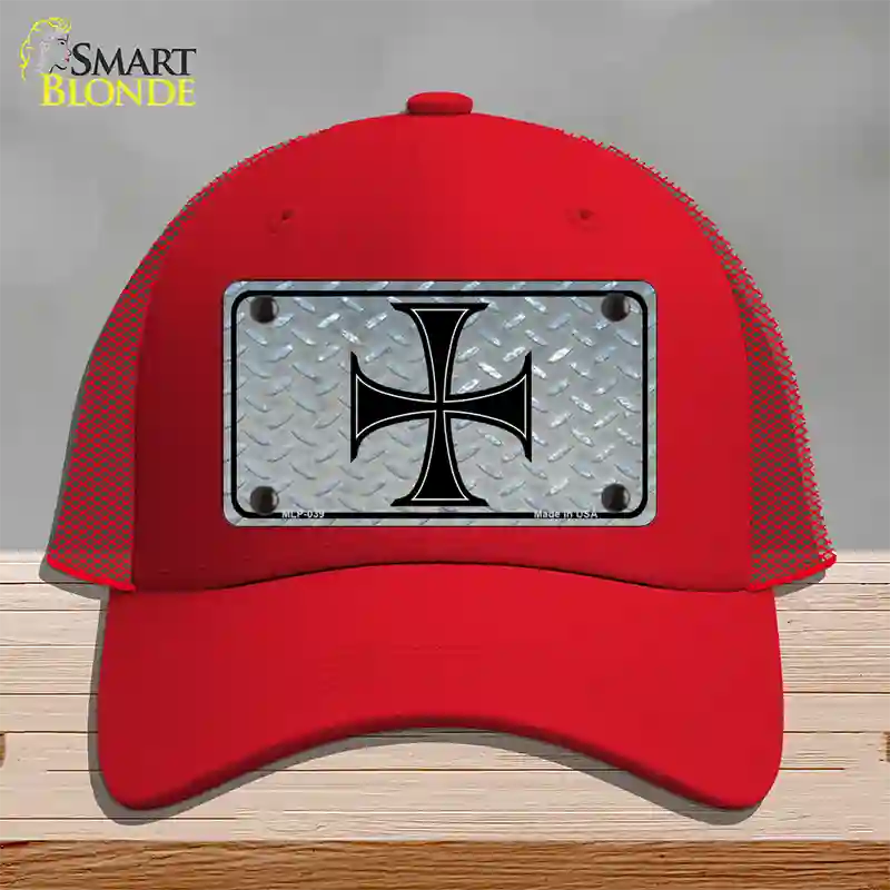 Maltese Cross Novelty License Plate Hat Mesh / Red