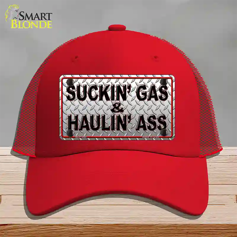 Suckin Gas and Haulin Ass Novelty License Plate Hat Mesh / Red