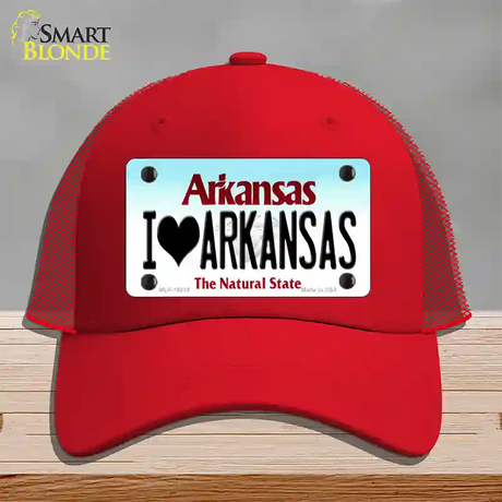 I Love Arkansas Novelty License Plate Hat Mesh / Red