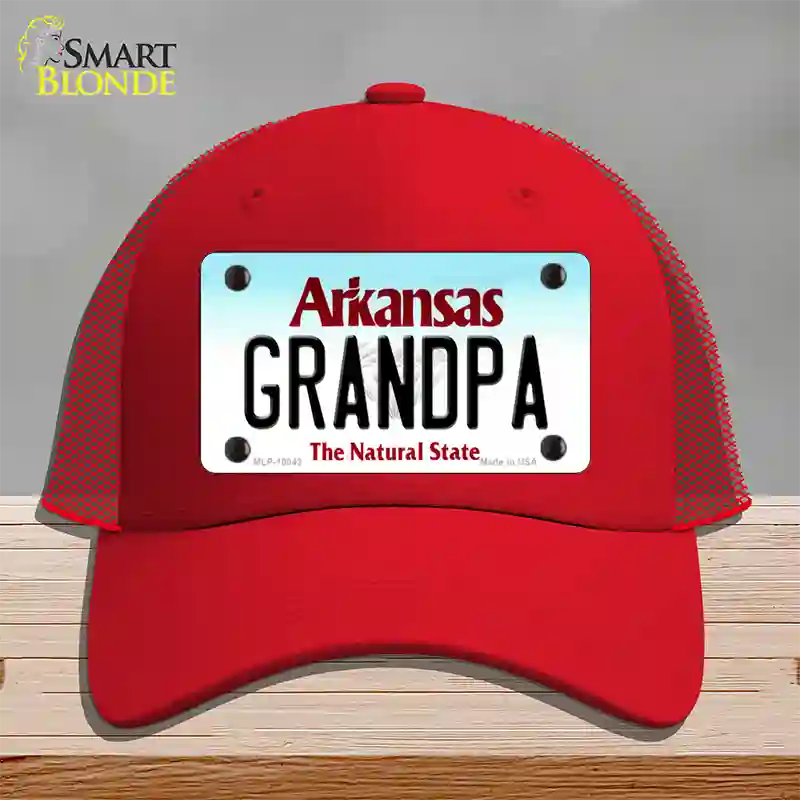 Grandpa Arkansas Novelty License Plate Hat Mesh / Red