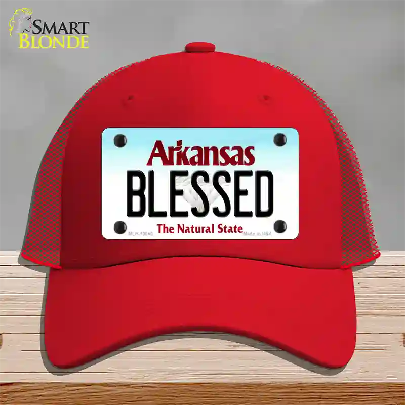 Blessed Arkansas Novelty License Plate Hat Mesh / Red