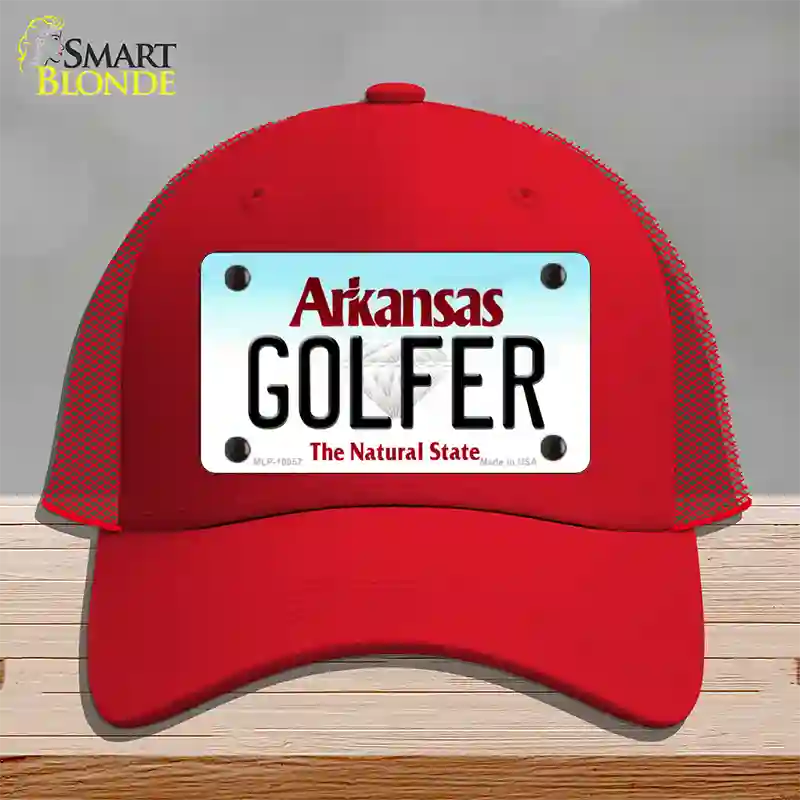 Golfer Arkansas Novelty License Plate Hat Mesh / Red