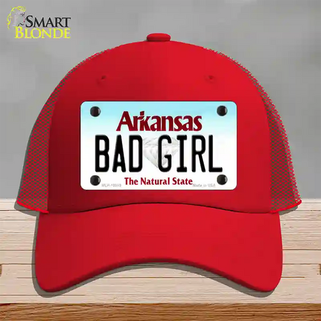 Bad Girl Arkansas Novelty License Plate Hat Mesh / Red