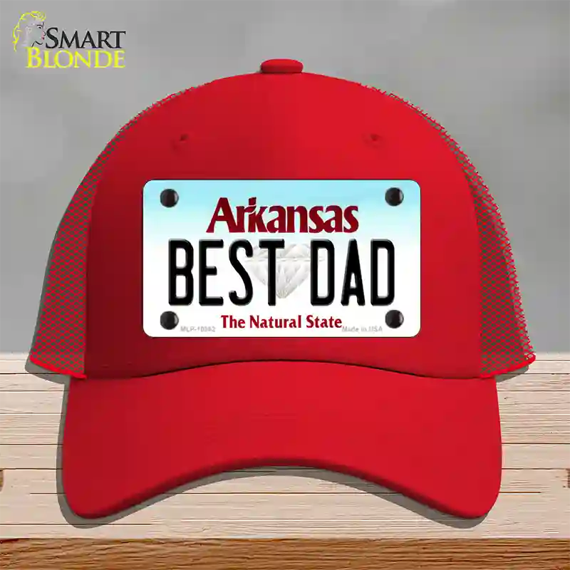 Best Dad Arkansas Novelty License Plate Hat Mesh / Red