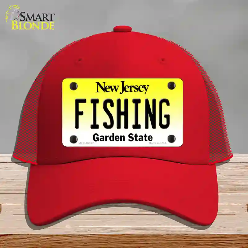 Fishing New Jersey Novelty License Plate Hat Mesh / Red