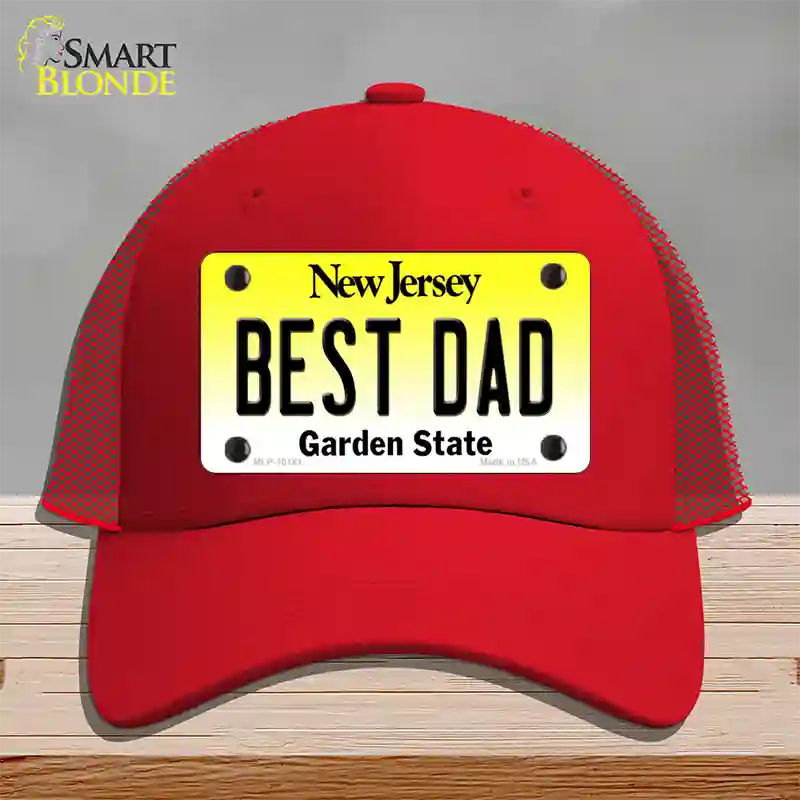 Best Dad New Jersey Novelty License Plate Hat Mesh / Red