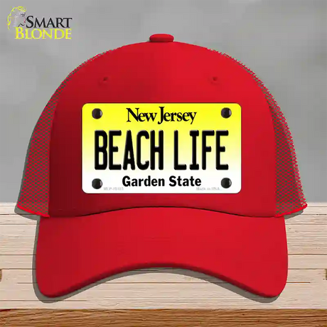 Beach Life New Jersey Novelty License Plate Hat Mesh / Red