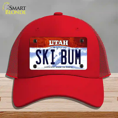 Ski Bum Utah Novelty License Plate Hat Mesh / Red