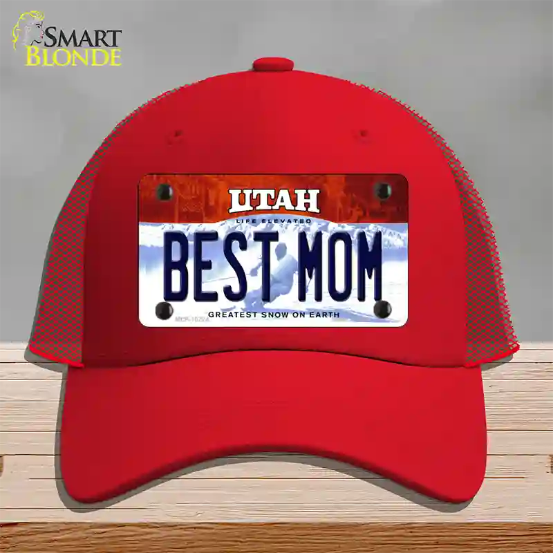 Best Mom Utah Novelty License Plate Hat Mesh / Red