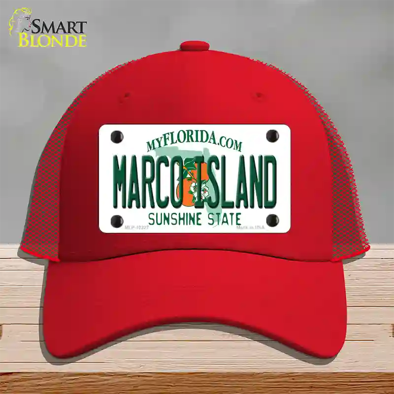 Marco Island Florida Novelty License Plate Hat Mesh / Red