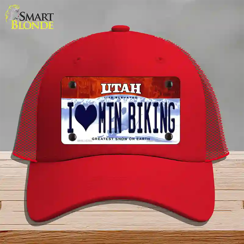 I Love Mtn Biking Utah Novelty License Plate Hat Mesh / Red