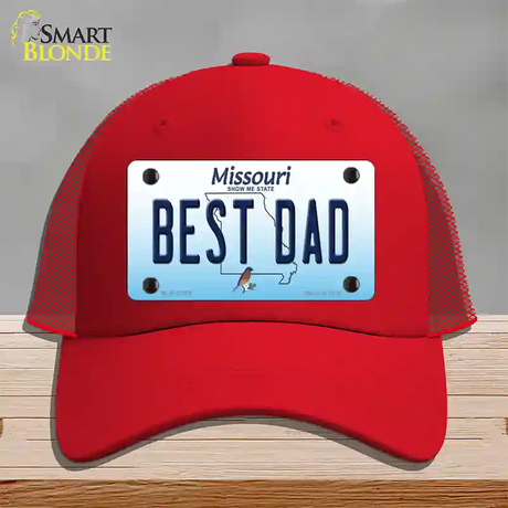 Best Dad Missouri Novelty License Plate Hat Mesh / Red