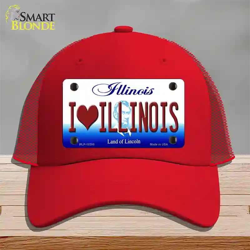 I Love Illinois Novelty License Plate Hat Mesh / Red