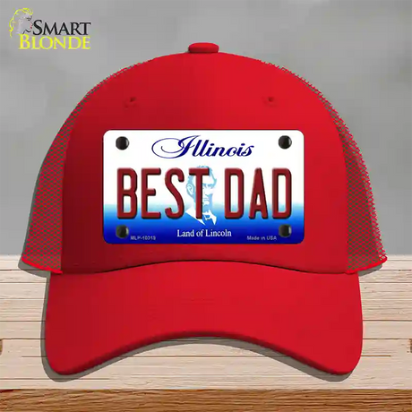 Best Dad Illinois Novelty License Plate Hat Mesh / Red