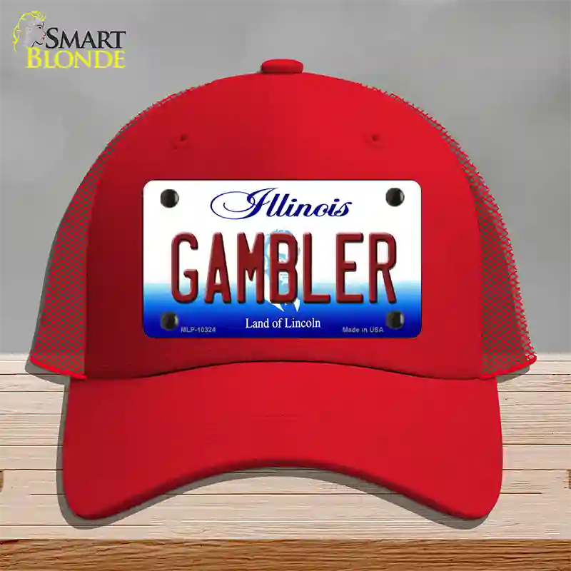 Gambler Illinois Novelty License Plate Hat Mesh / Red