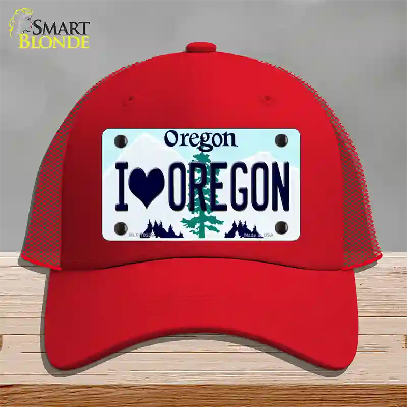 I Love Oregon Novelty License Plate Hat Mesh / Red