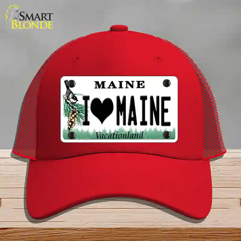 I Love Maine Novelty License Plate Hat Mesh / Red