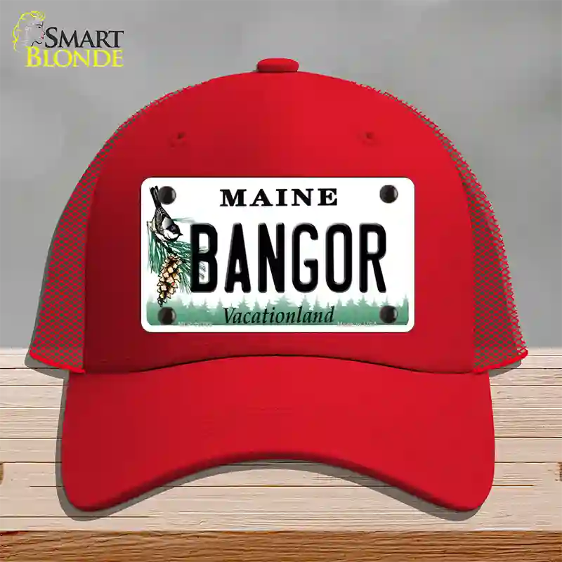 Bangor Maine Novelty License Plate Hat Mesh / Red