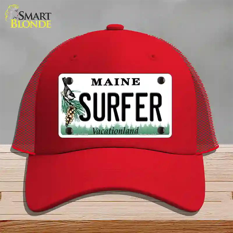 Surfer Maine Novelty License Plate Hat Mesh / Red