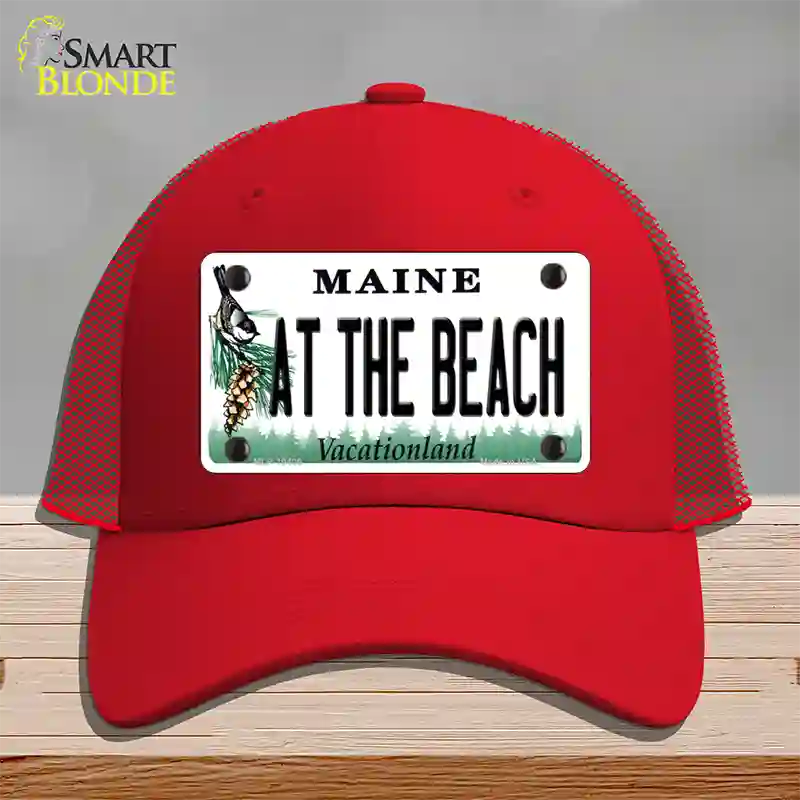 At The Beach Maine Novelty License Plate Hat Mesh / Red