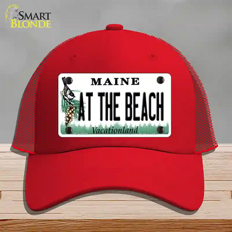 At The Beach Maine Novelty License Plate Hat Mesh / Red