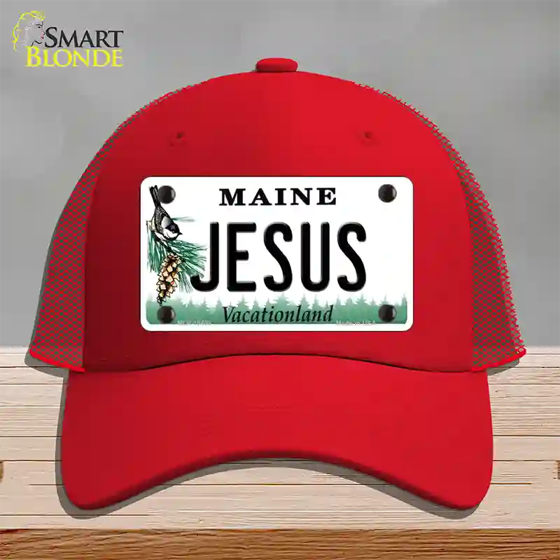 Jesus Maine Novelty License Plate Hat Mesh / Red