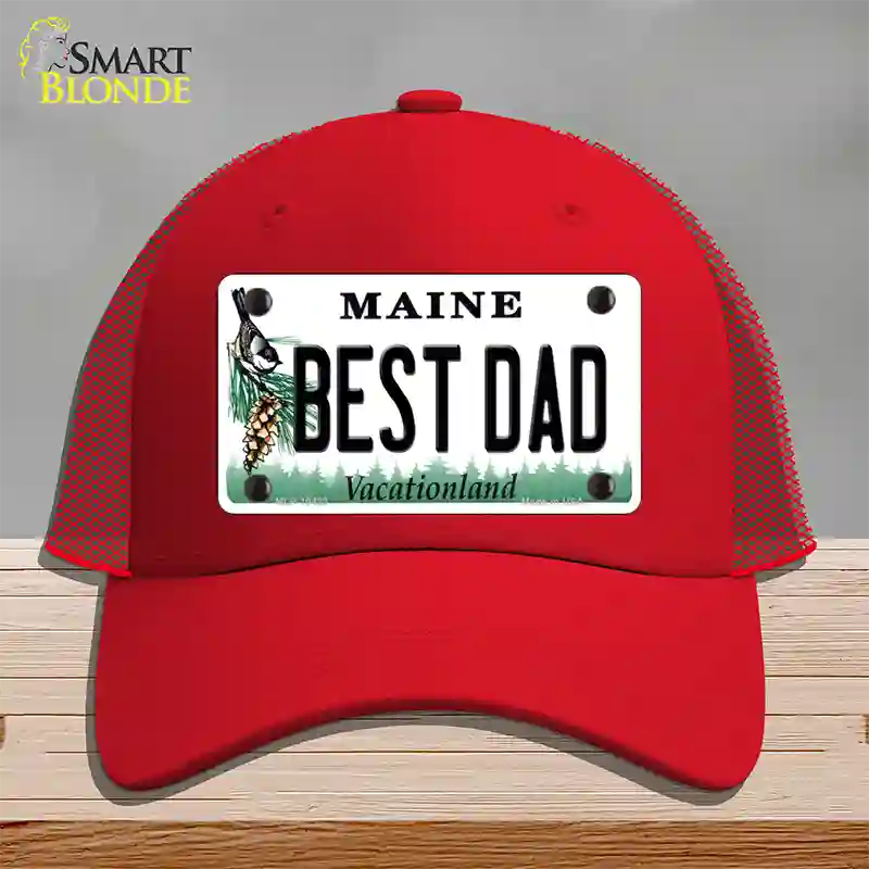 Best Dad Maine Novelty License Plate Hat Mesh / Red