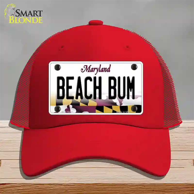 Beach Bum Maryland Novelty License Plate Hat Mesh / Red