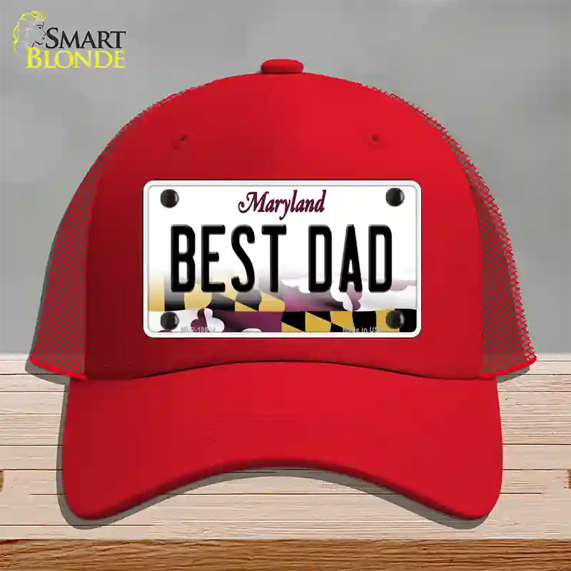 Best Dad Maryland Novelty License Plate Hat Mesh / Red