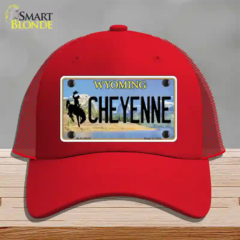 Cheyenne Wyoming Novelty License Plate Hat Mesh / Red