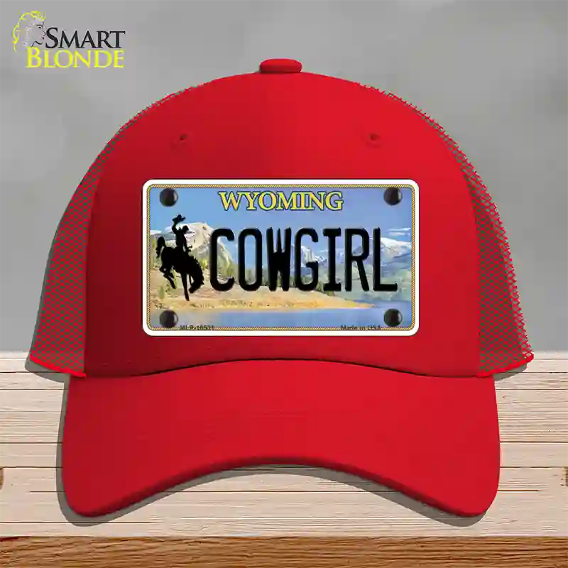 Cowgirl Wyoming Novelty License Plate Hat Mesh / Red