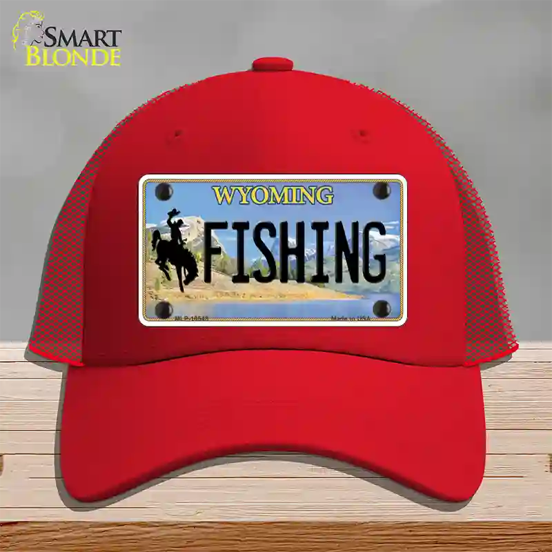 Fishing Wyoming Novelty License Plate Hat Mesh / Red