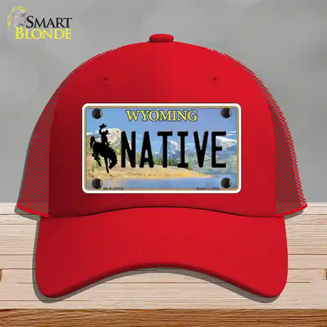 Native Wyoming Novelty License Plate Hat Mesh / Red