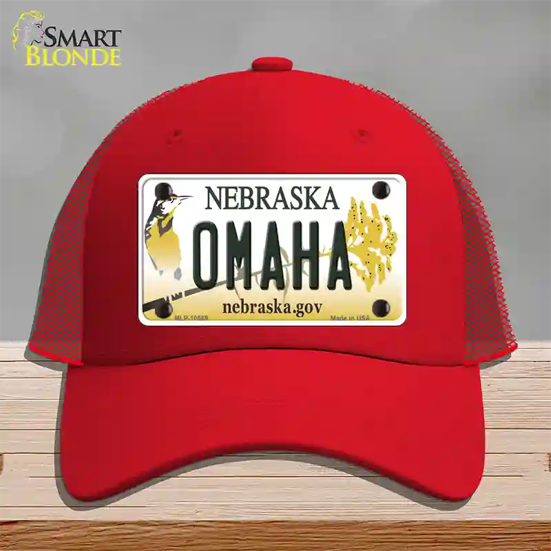 Omaha Nebraska Novelty License Plate Hat Mesh / Red