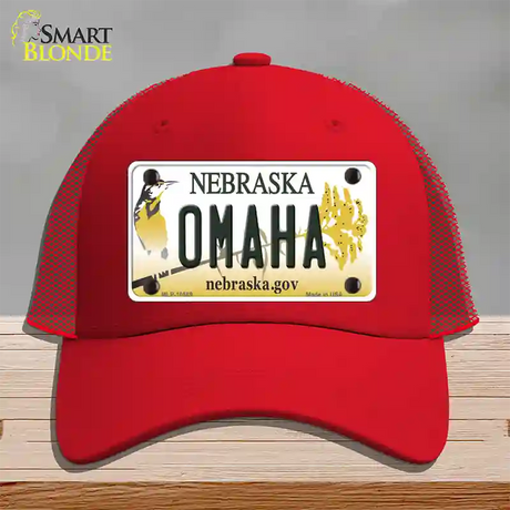 Omaha Nebraska Novelty License Plate Hat Mesh / Red