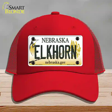 Elkhorn Nebraska Novelty License Plate Hat Mesh / Red