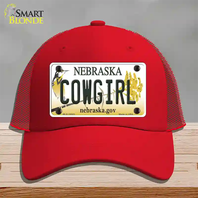 Cowgirl Nebraska Novelty License Plate Hat Mesh / Red