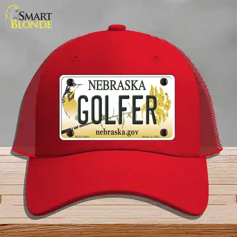 Golfer Nebraska Novelty License Plate Hat Mesh / Red