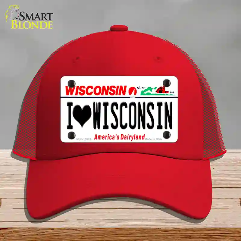 I Love Wisconsin Novelty License Plate Hat Mesh / Red