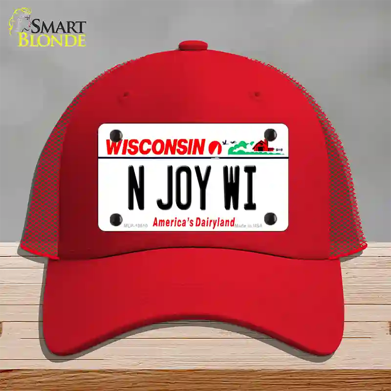 N Joy WI Wisconsin Novelty License Plate Hat Mesh / Red