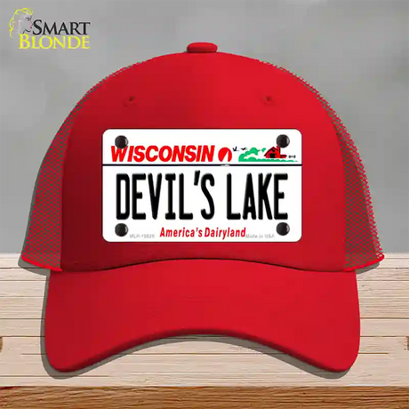 Devils Lake Wisconsin Novelty License Plate Hat Mesh / Red