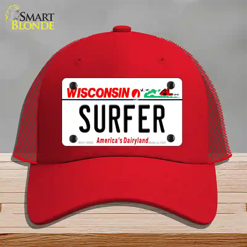 Surfer Wisconsin Novelty License Plate Hat Mesh / Red