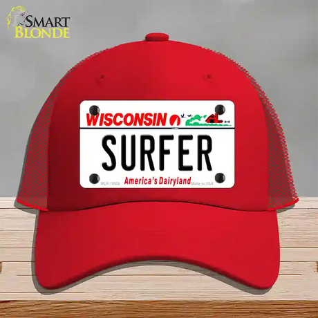 Surfer Wisconsin Novelty License Plate Hat Mesh / Red