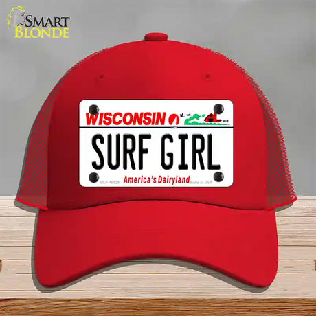 Surf Girl Wisconsin Novelty License Plate Hat Mesh / Red