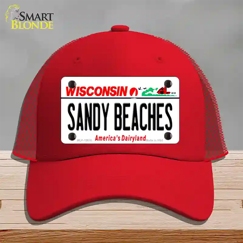 Sandy Beaches Wisconsin Novelty License Plate Hat Mesh / Red