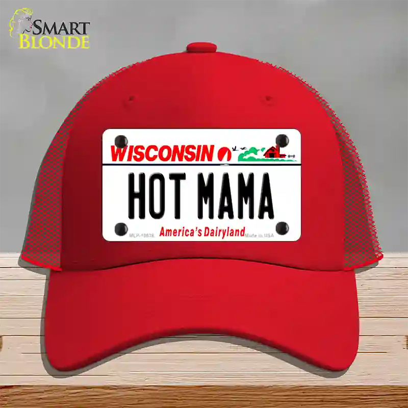 Hot Mama Wisconsin Novelty License Plate Hat Mesh / Red