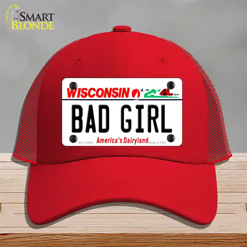 Bad Girl Wisconsin Novelty License Plate Hat Mesh / Red